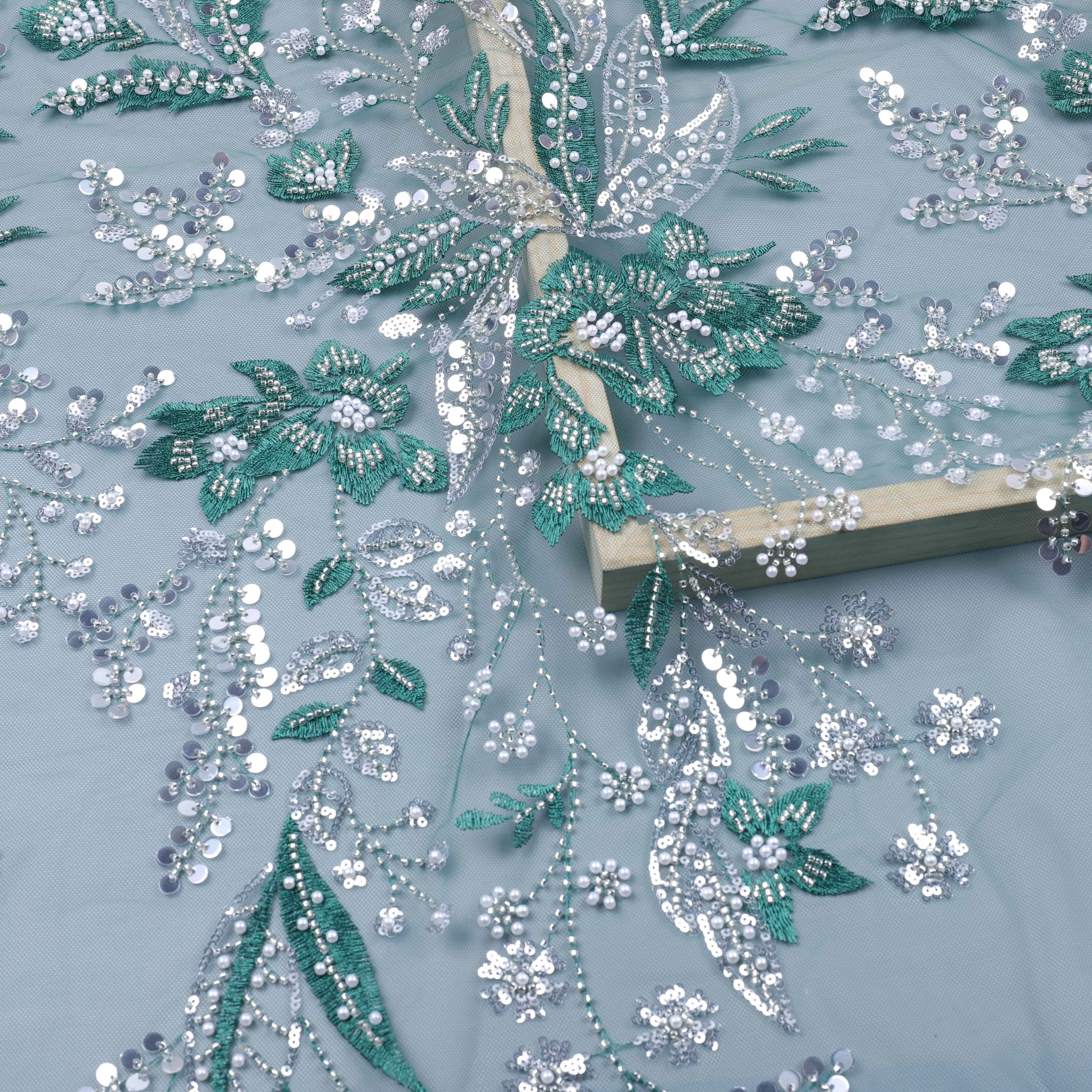 

High quality 100% polyester African Fashion lace fabric with beaded sequins embroidered fabric