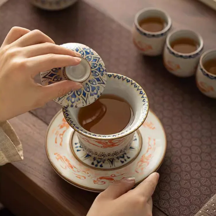 Ru Ware Dunhuang Kweichow Moutai Horseshoe Gaiwan Set Suit Complete of Household Ceramic Bowl Cups