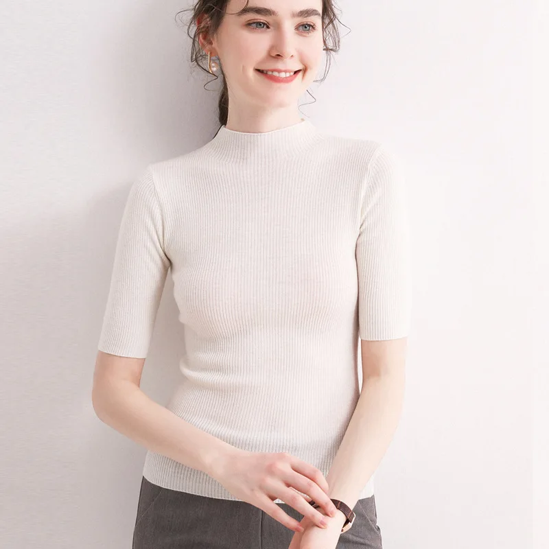 

Women's cotton turtleneck short-sleeved slim solid color bottoming shirt gray