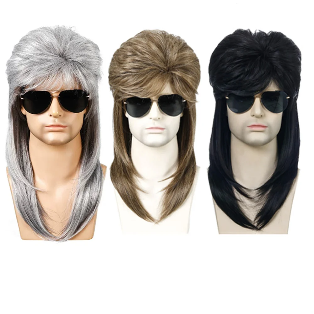 

Мужской синтетический парик с длинными прямыми волосами для косплея, черный, золотой, серебряный, белый, в стиле 80-х, с головой карпа, в стиле панк, тяжелый металл, рок, парик на Хэллоуин