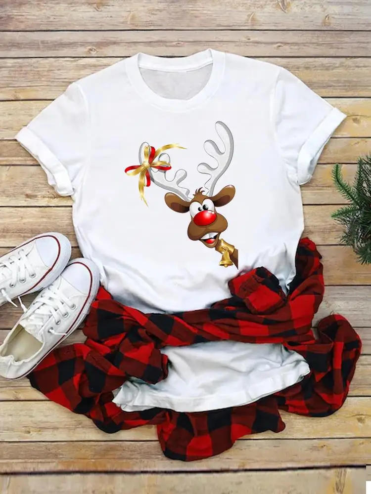 

Футболка женская с коротким рукавом, милый мультяшный рисунок оленя, повседневная одежда с рисунком, с надписью «Merry Christmas»