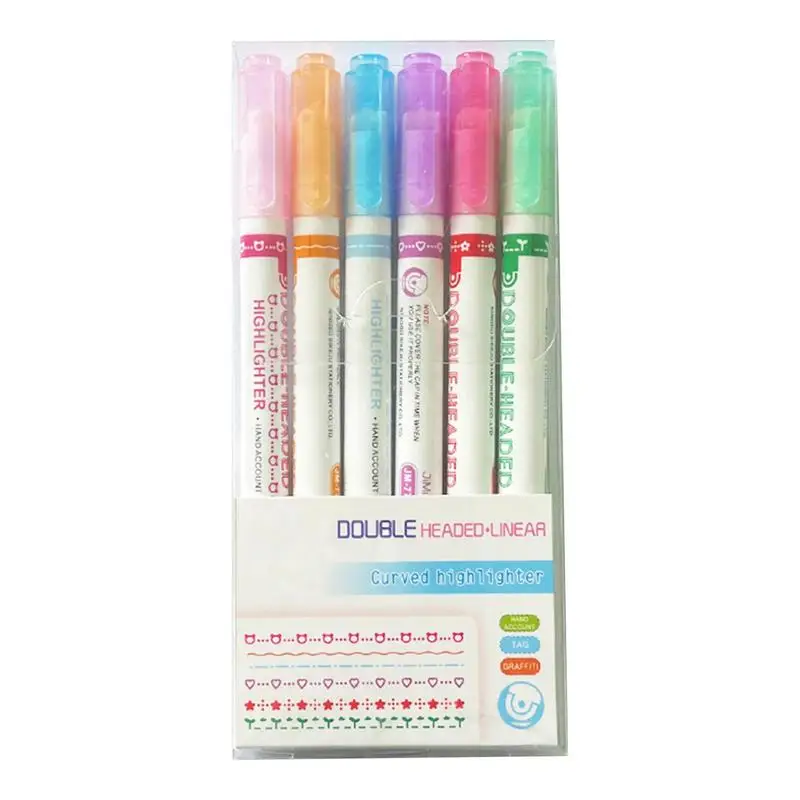 

Funny Double Tip Pattern Outline Hand Copy Marker Pen Multi-colored Pen Quick Dry Mark Notes Painting Highlighter 6pcs