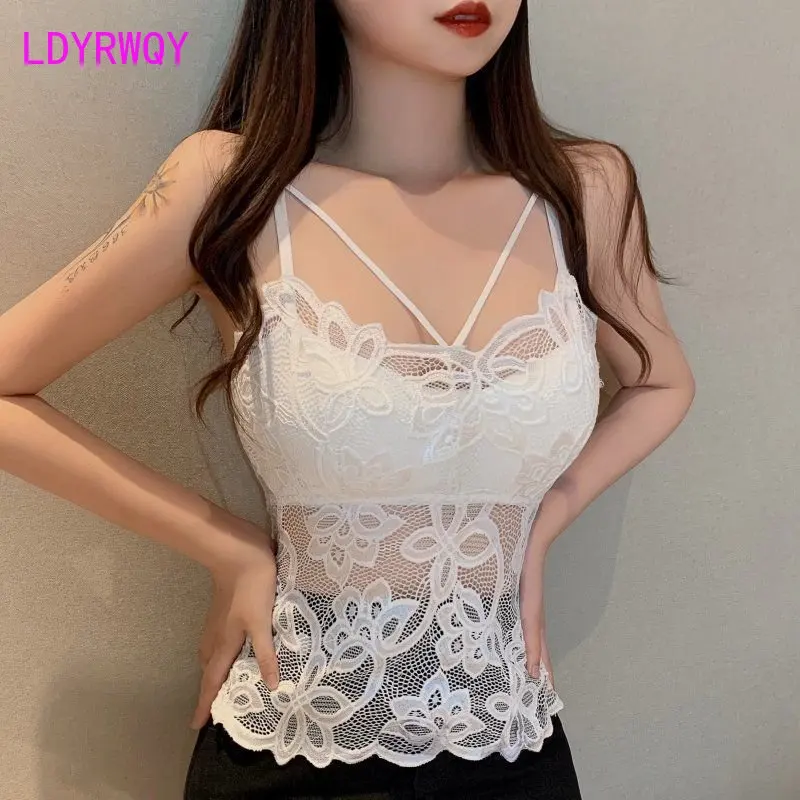 

Butterfly lace small suspender vest with chest pad and beautiful back female tube top Tanks Camis