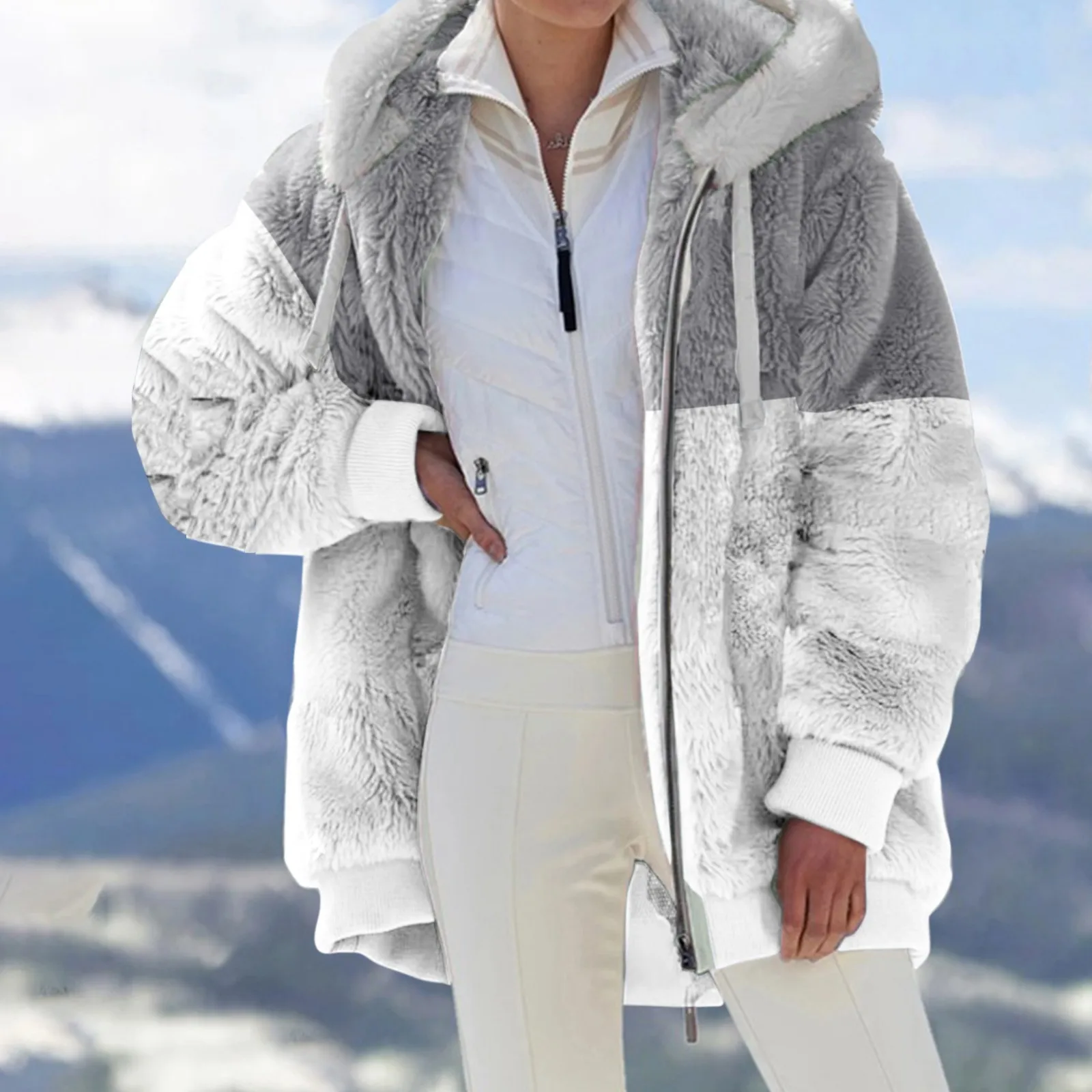 

Женская плюшевая куртка, утепленный блейзер в стиле пэчворк на осень и зиму, верхняя одежда, теплые флисовые куртки с капюшоном и искусственным мехом, пальто оверсайз на молнии