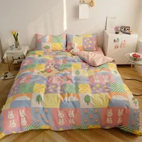 Bedding Set Cotton Cartoon Style Rabbit and Rainbow Printed Bed Linen Set Queen Size Duvet Cover Bed Sheet and Pillowcase Cotton