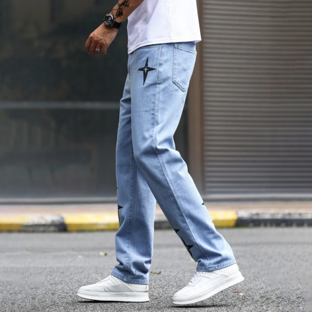 Print Star Pants Streetwear Baggy Men Jeans Korean Fashion Loose Straight Male High Street Hip Hop Japan Style Male Trousers
