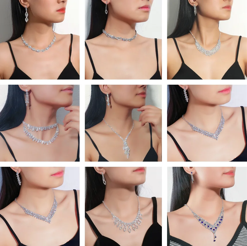 2022New Ladies Jewelry Set 2 Piece Earrings Necklace European and American Exquisite Full Diamond Clavicle Dress Necklace