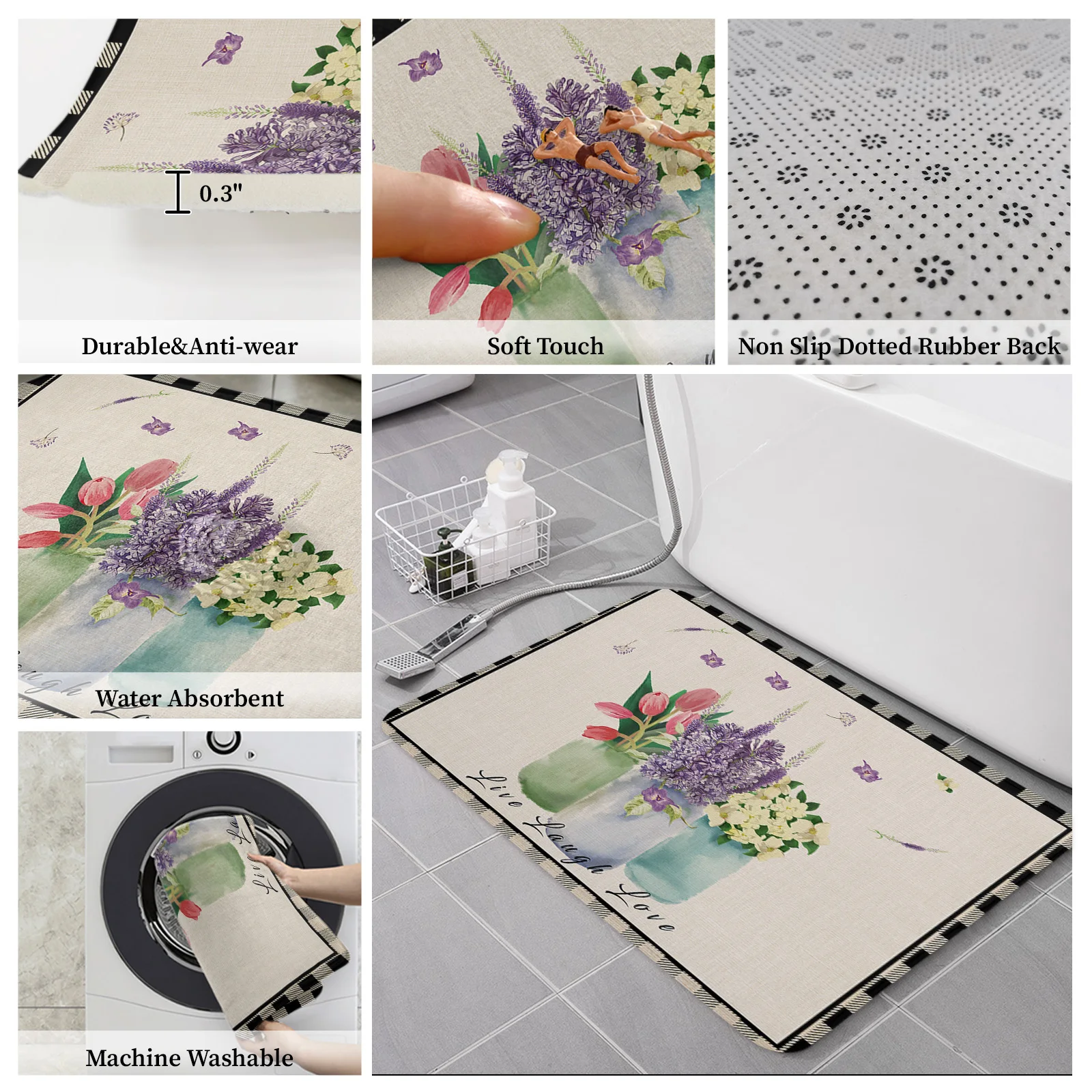 Ваза лавандовый в клетку нескользящий напольный коврик Придверный для гостиной