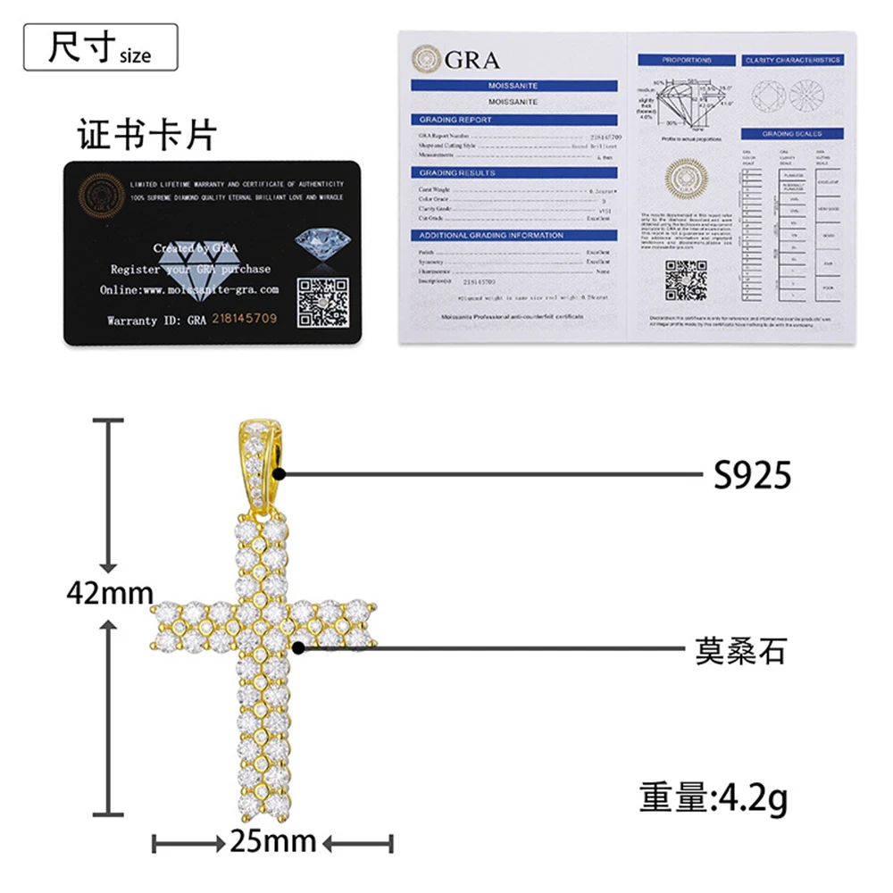2 Rows Moissanite Cross Necklaces S925 Silver Pendant For Women Men Hip Hop Jewelry Pass Diamonds Tester With GRA Free Shipping