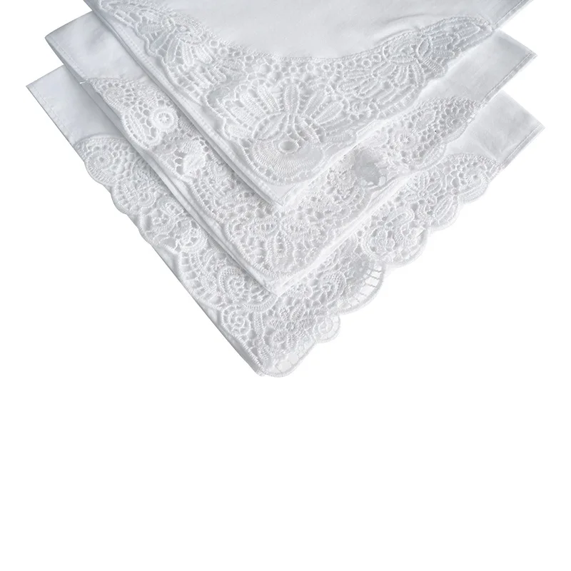 3PCS Luxury Cotton Women White Hankies Embroidered Lace Flower Hanky Floral Random Color Cloth Ladies Handkerchief Fabrics images - 6