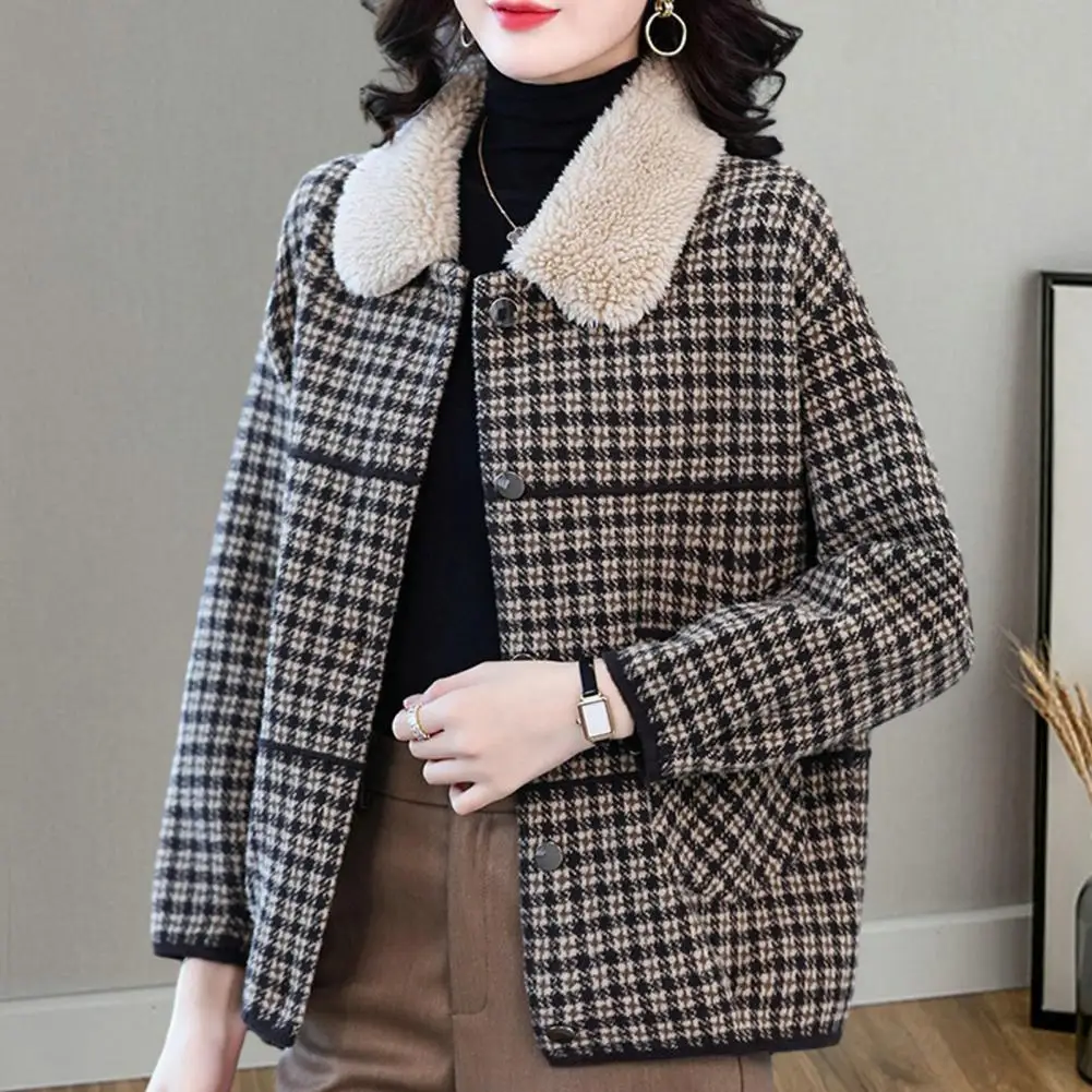

Женское осенне-зимнее пальто с длинным рукавом, плюшевое пальто с лацканами, винтажная однобортная куртка с клетчатым принтом, двустороннее вязаное короткое пальто
