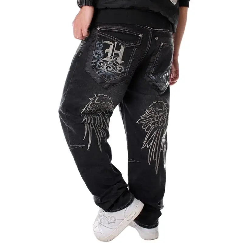

Men street dance hiphop Jeans Fashion embroidery Black Loose board Denim pants Overall Male Rap Hip Hop Jeans Plus Size 30-42-46