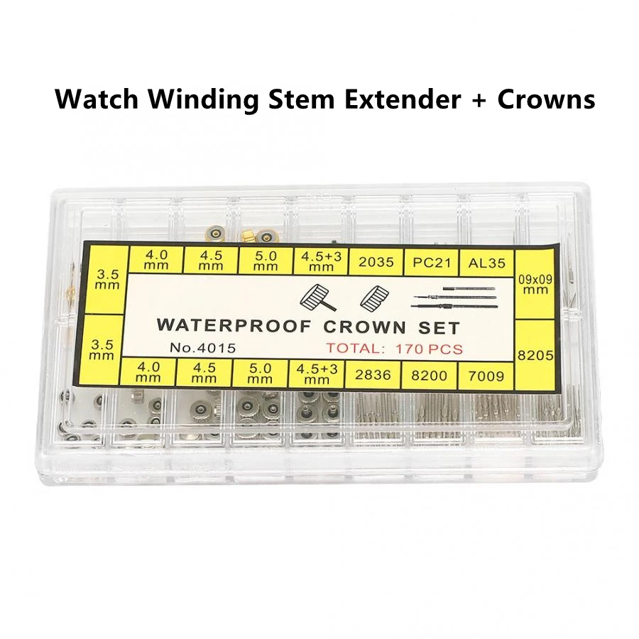 

170 Pcs Multi-Size Watch Winding Stem Extender + Crowns Accessory Repairing Replacement Watch Extension Bar Watch Crowns Stems