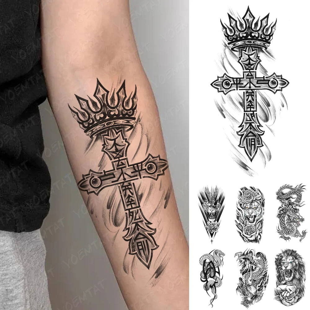 

Waterproof Temporary Tattoo Sticker Cross Eye Lotus Crown Tribal Totem Chinese Letter Body Art Arm Fake Tattoos Sleeve Women Men