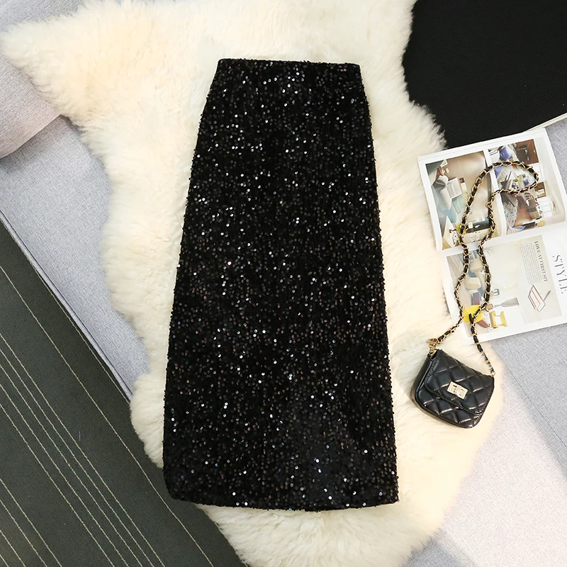 Осень/зима бархатная юбка с блестками женская мода эластичная высокой талией