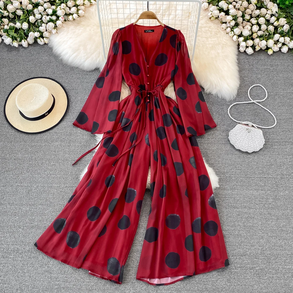 

N GIRLS Fashion Long Flare Sleeve Ladies Jumpsuits Polka Dot Print V-neck Jumpsuit Beach Style Wide-leg Pant Trousers Women