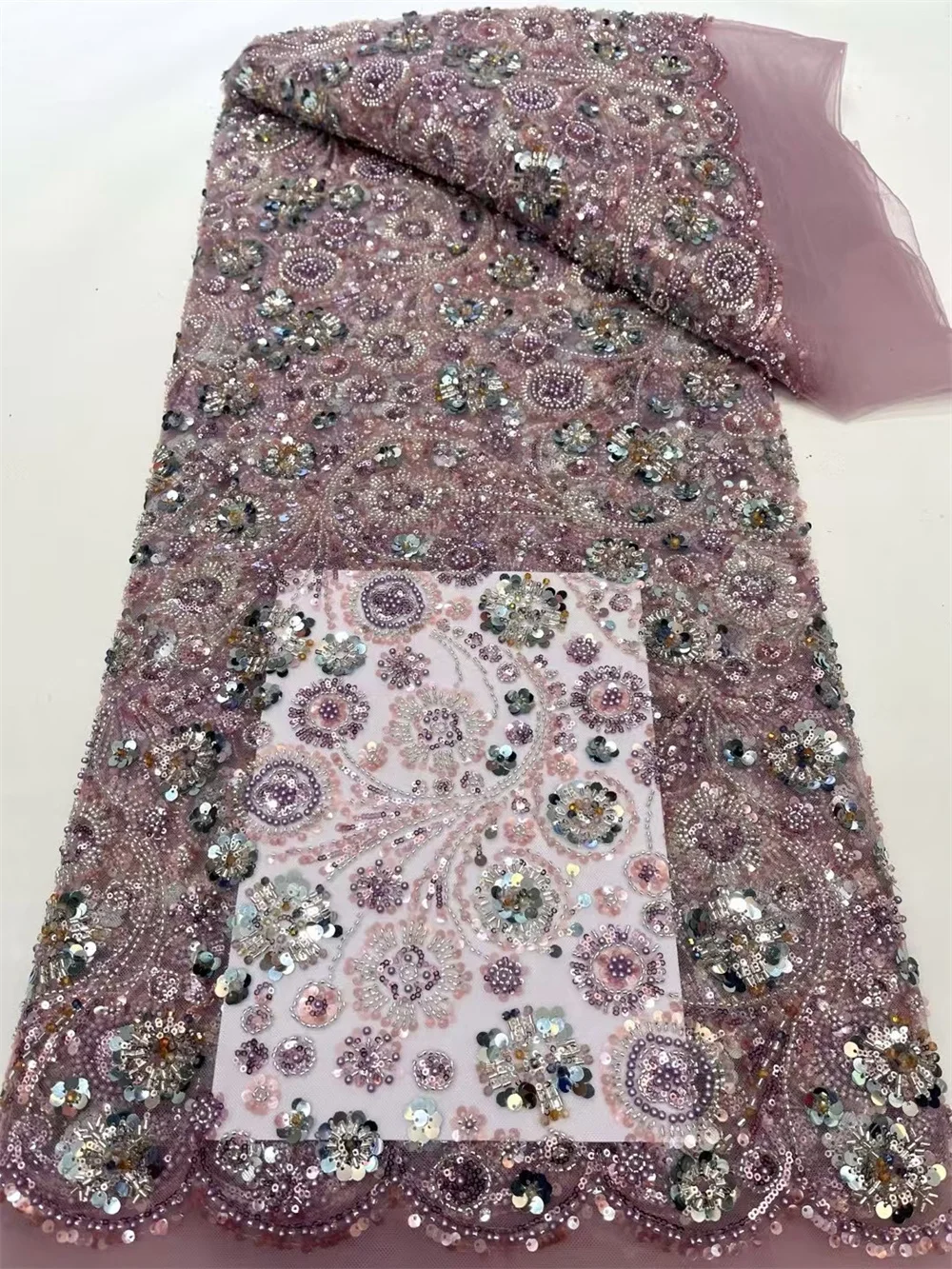 Небесно-голубая новейшая французская тюлевая кружевная ткань с бисером