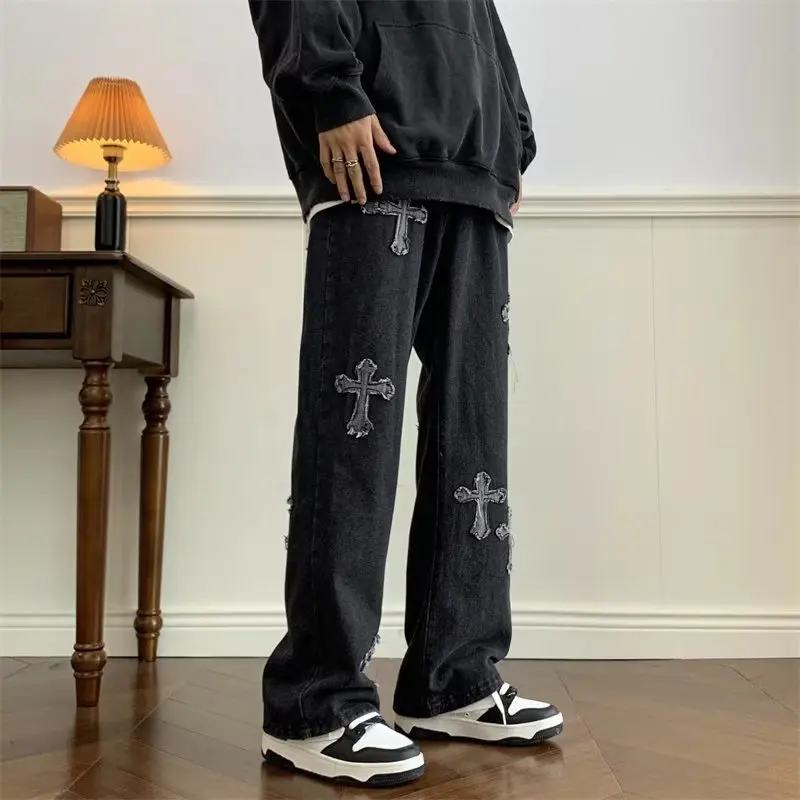 Men Streetwear Baggy Jeans Cross Hip Hop Mens Black Loose Pants Women Oversized Boyfriend Denim