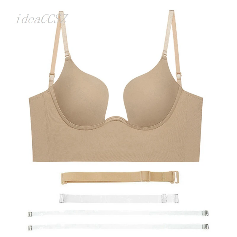 

Invisible Bras with Bare Back Women Strapless Sexy Lingerie U Underwear Transparent Strap Low Cut Tops Fox Gathered Push Up