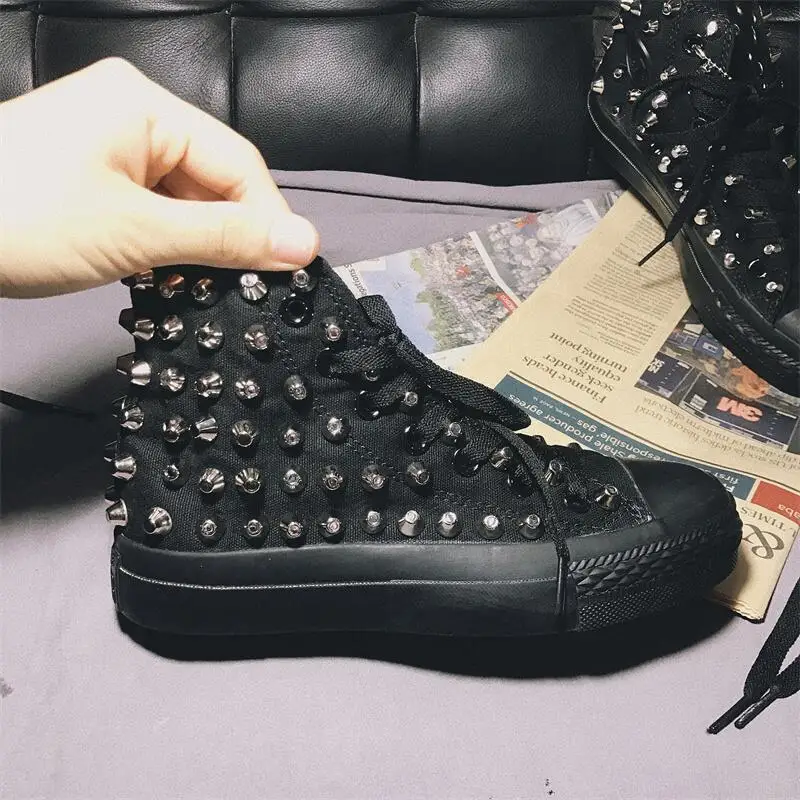 

Custom all black High top bucket nail all-match Sports Leisure walking canvas shoes men's and women's shoes large size 35-46