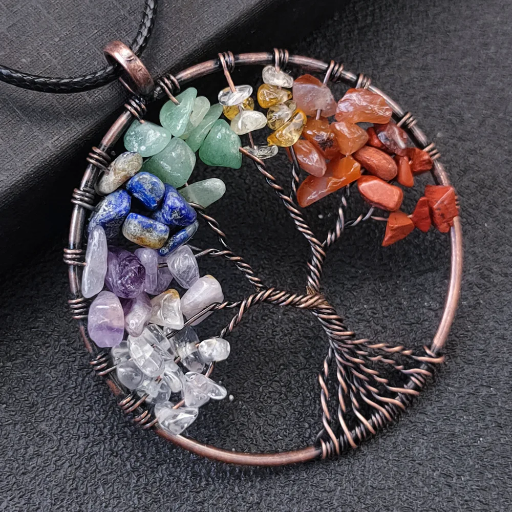 

Natural Crystal Gemstone Gravel Hand-wound Bifurcated Bronze Colorful Tree of Life Pendant