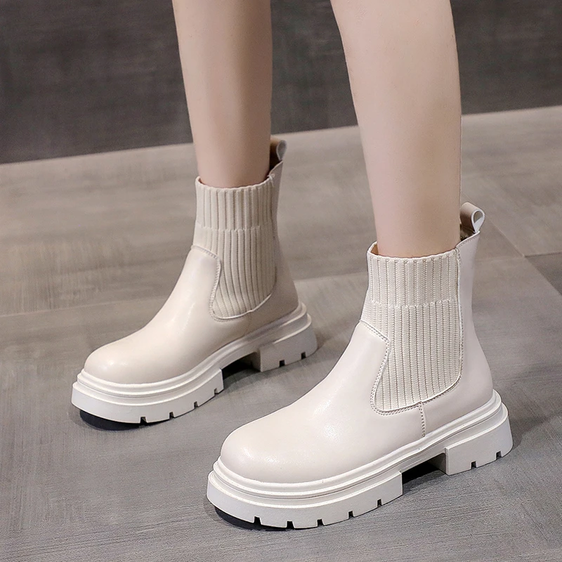 Women's Ankle Boots 2022 Fashion Slip on Black Sock Boots Female Punk Gothic Shoes Ladies Elegant Lolita Low Heels Short Boots