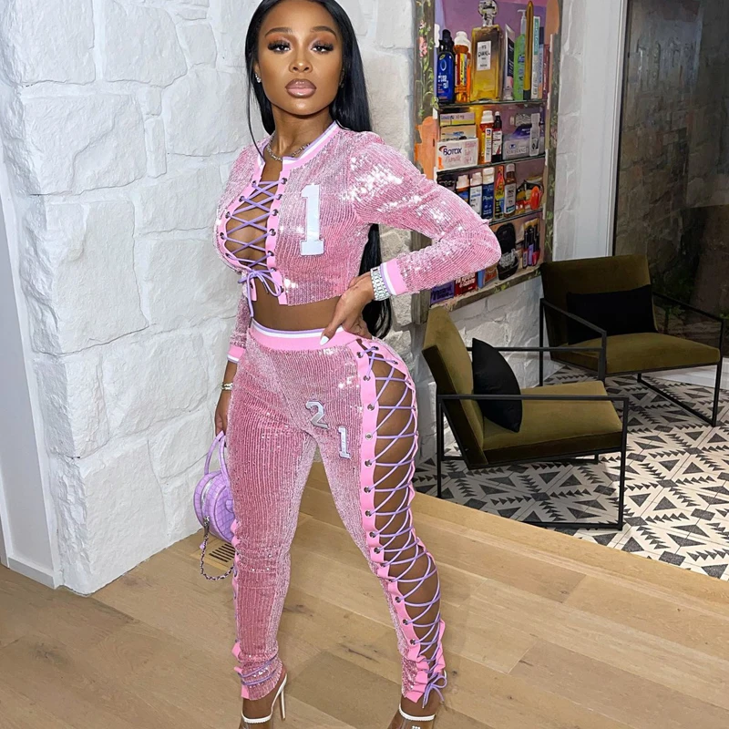 Runway Women's Joggers & Sweatpant Set Two-Piece Suits Shiny Hollow Out Sequins Bandage Matching Set Birthday Outfits Club Party