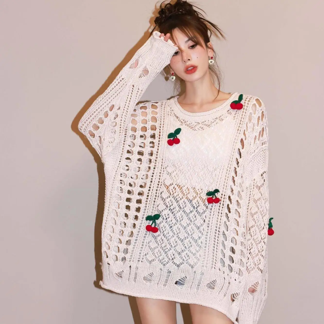 

Ladies Fashion Mesh Hollowed Out See-through Cherry Pullover Sweater Tshirts Women Sexy Tops Female Girl Casual Knitted T-shirt