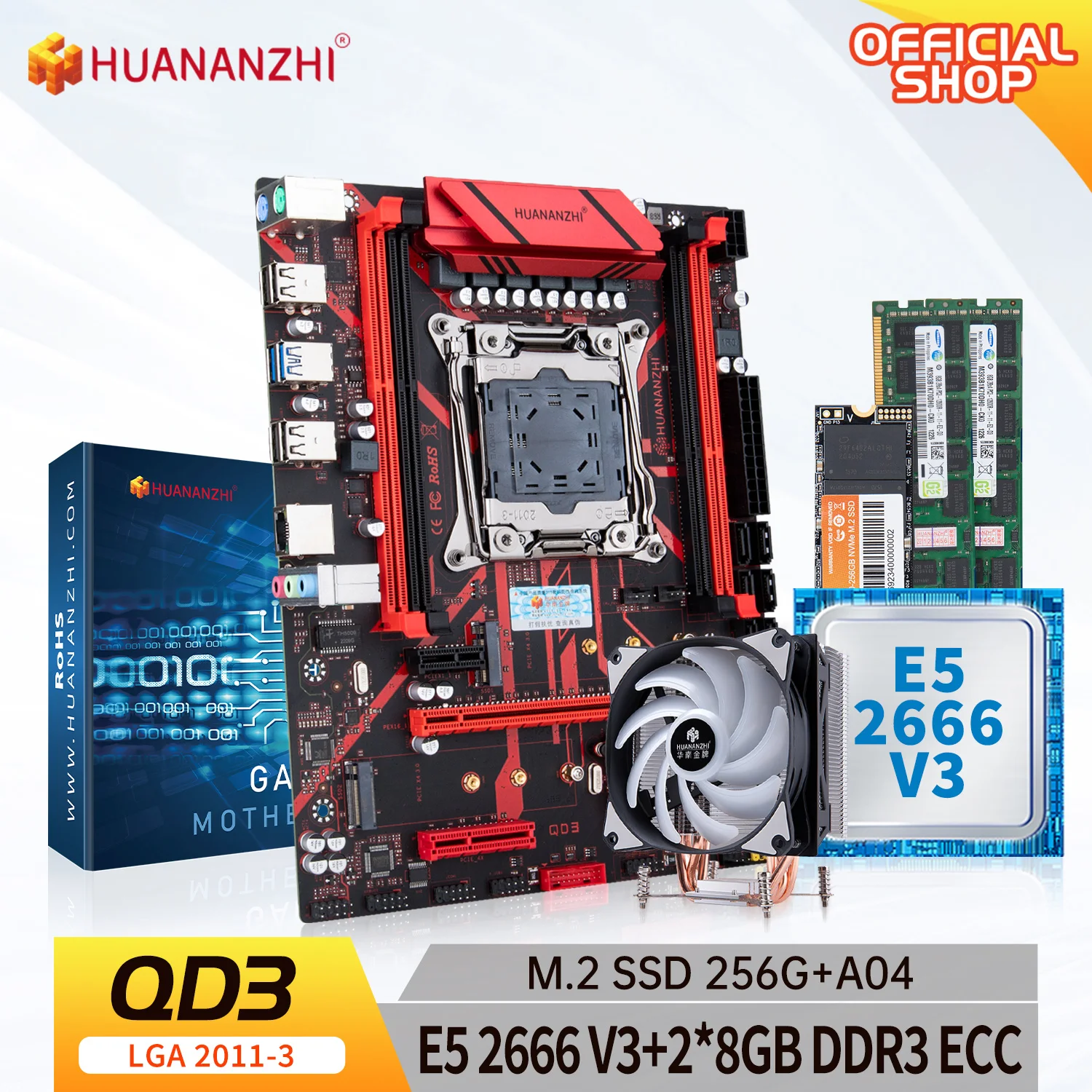 

Материнская плата HUANANZHI QD3 LGA 2011-3 с Intel XEON E5 2666 v3 с 2*8G DDR3 с M.2 256G с комплектом охладителя A04