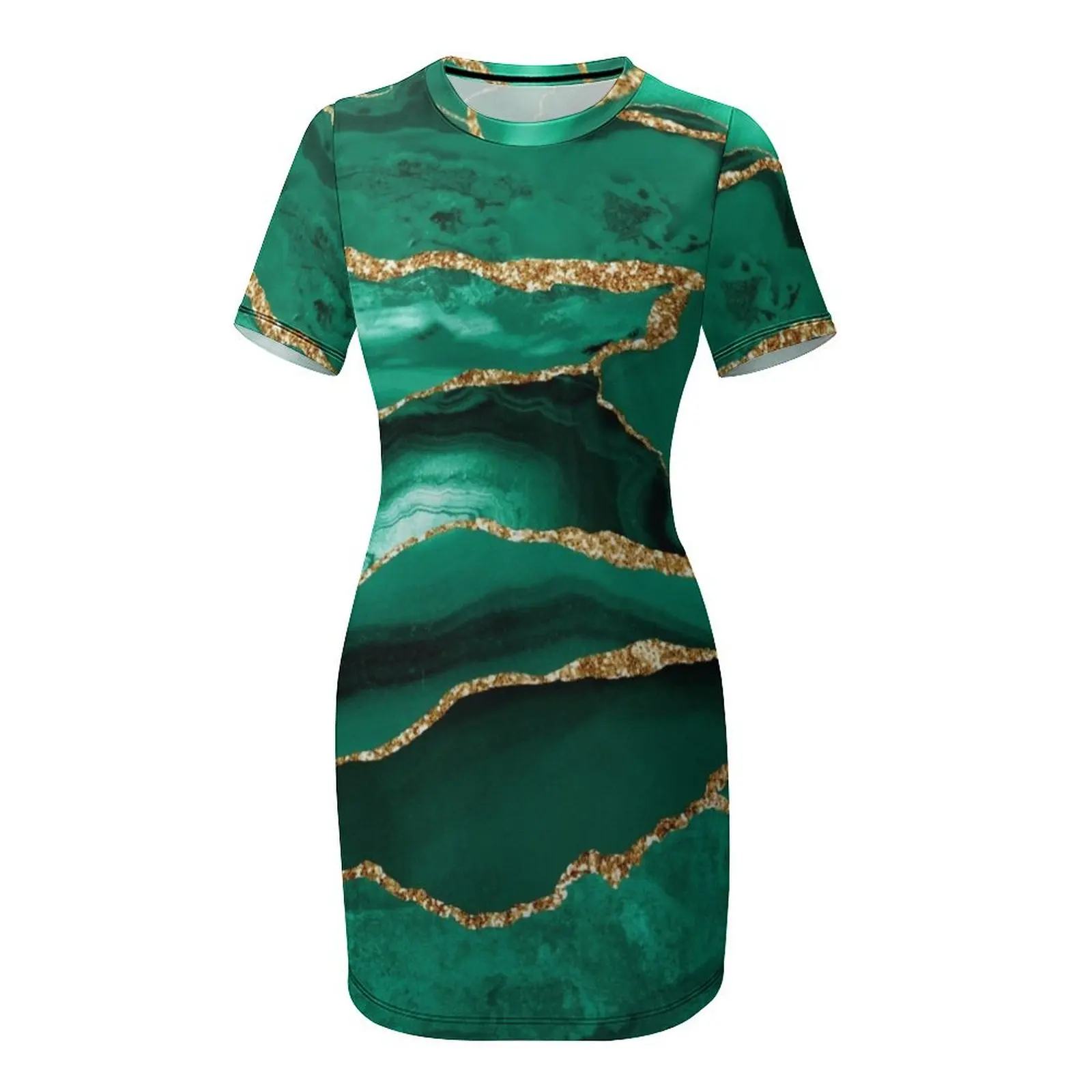 Изумрудно-зеленый малахитовый искусственный мрамор с золотым блеском платье