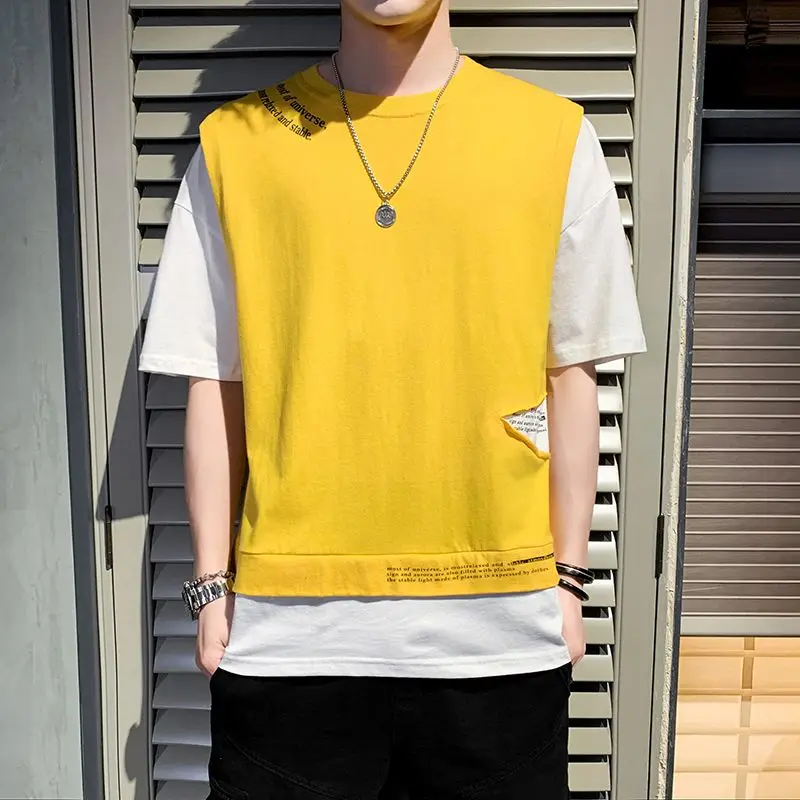 

Мужские пуловеры с имитацией соединения 2023, подходящая ко всему футболка, Новая повседневная корейская модная футболка с круглым вырезом, одежда, свободная Весенняя рубашка