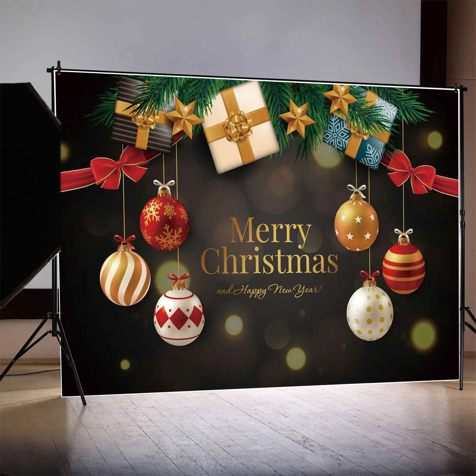 

MOON.QG Backdrop Merry Christmas Banner Light Bokeh Party Decor Background Children Pine Gift Star Ball Bowknot Photo Booth Prop