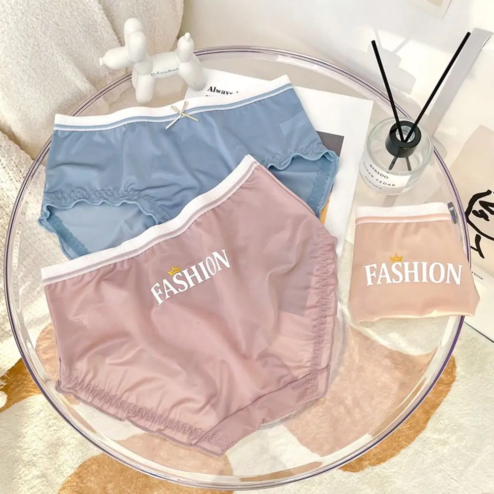 

Women Sexy Fashion Letter Crown Underpants Ruffle Ice Silk Panties Comfortable Briefs Middle Waist Underwear Female Lingerie