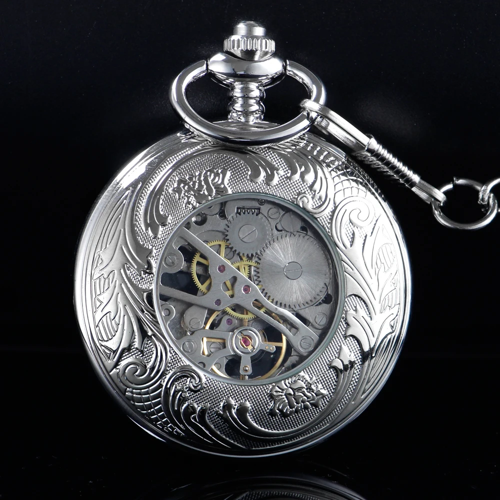 Silver Carved Hollow Mechanical Men's Watch Double Sided Roman Dial Clock Handwind Pocket Watch with FOB Chain Gift PJX1534