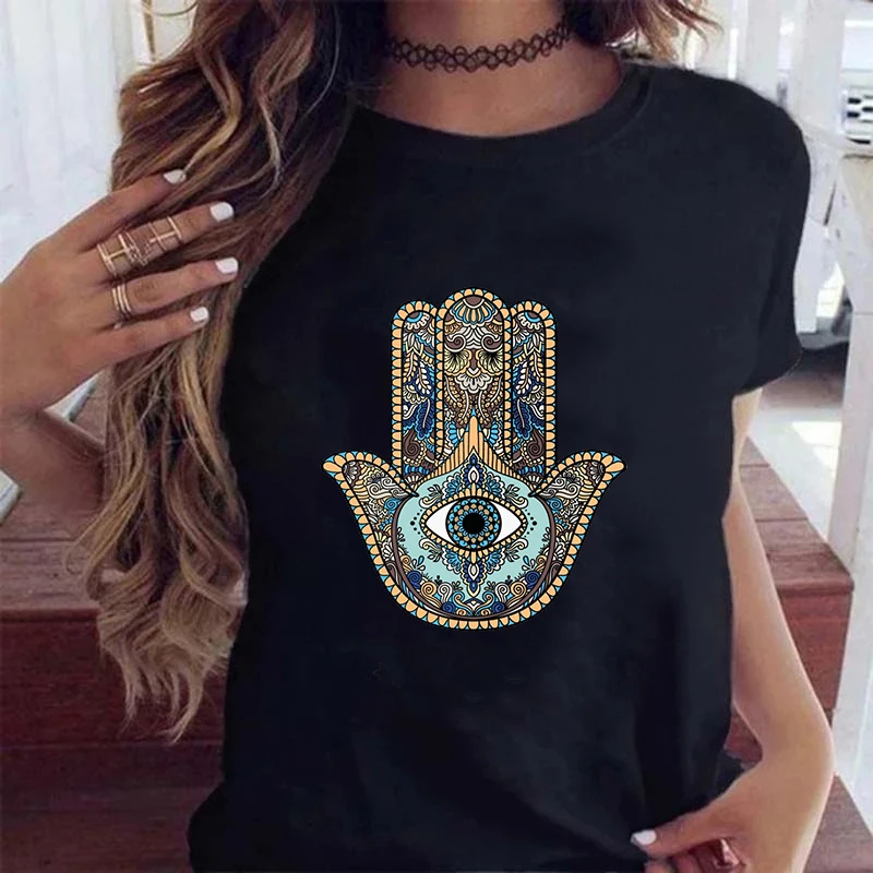 

Hamasa Hand of Fatima Print Women's T-Shirts Lucky Hamsa Hand Harajuku Unisex T Shirts Summer Short Sleeve Cotton Top Tees