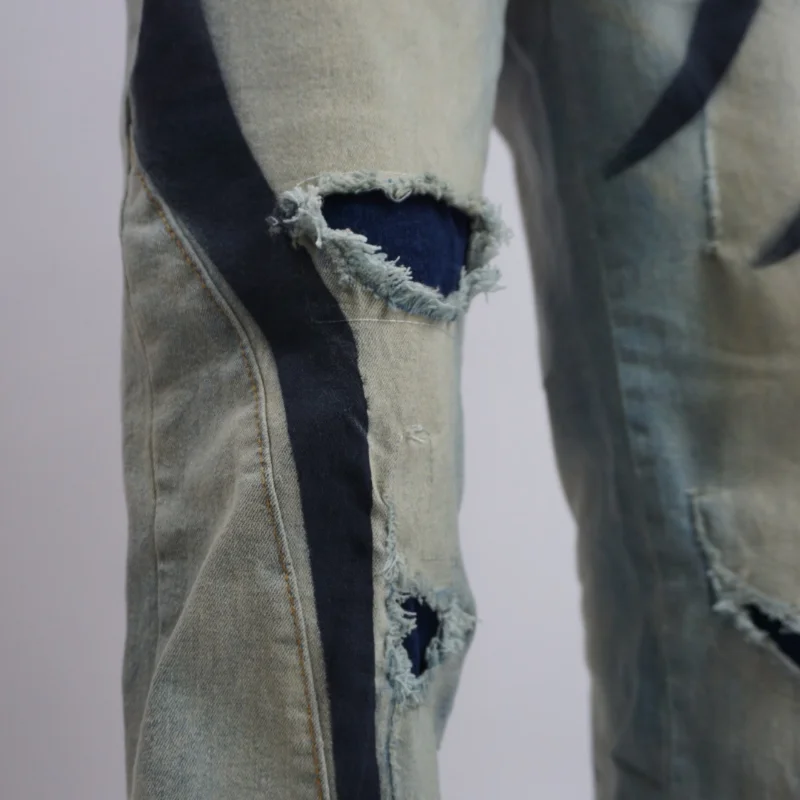 DEEPTOWN Y2K Patchwork Jeans Men Loose Ripped Denim Pants Male Casual Fashion Hole Trousers Streetwear Hip Hop Blue Striped