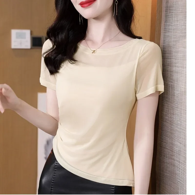 Топ женский сетчатый с коротким рукавом стильная укороченная модная футболка