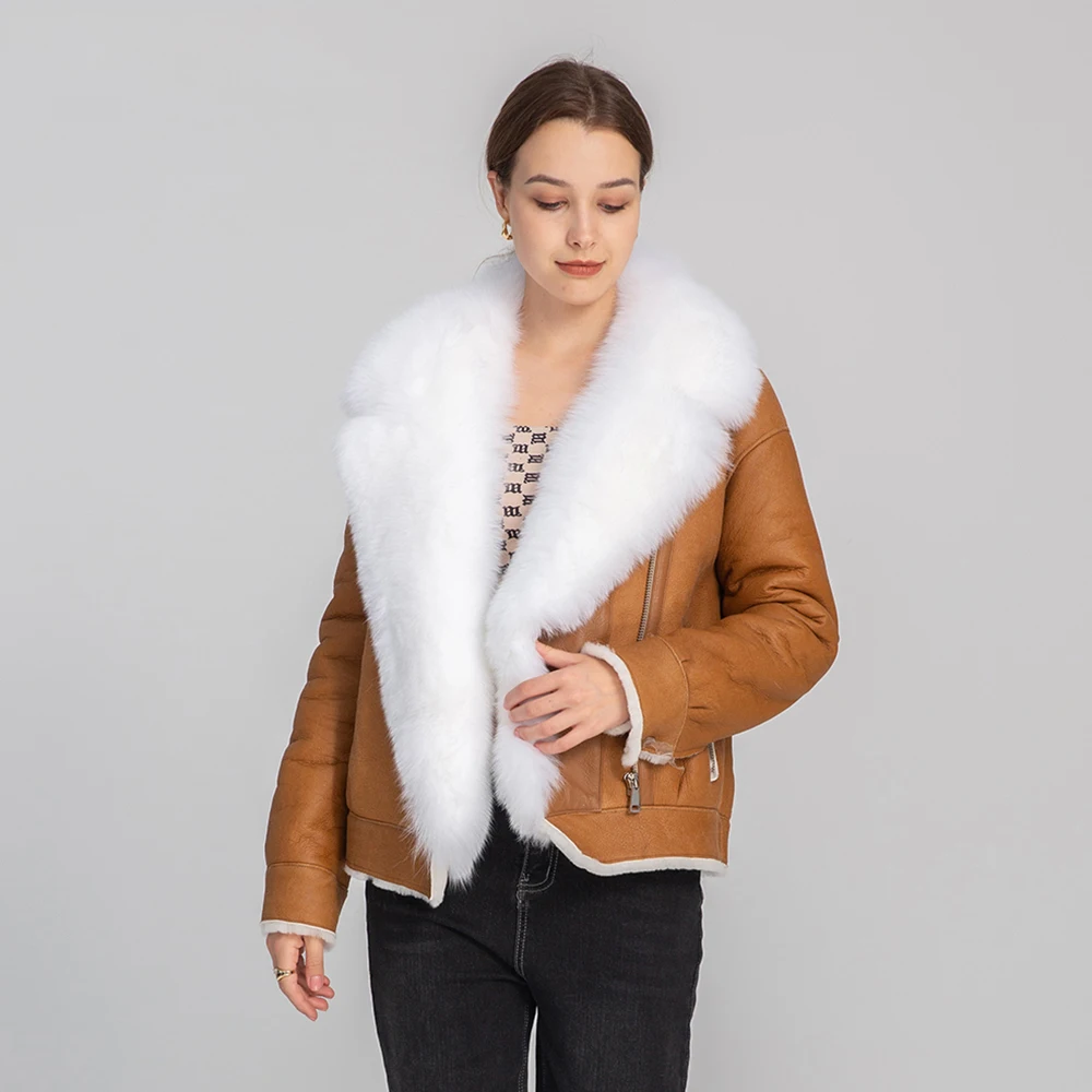2022 New Lady Leather Jacket Big Real Fox Fur Collar Shearing Coats Lamb Fur Lining Winter Warm Genuine Sheepskin Overcoats 8608