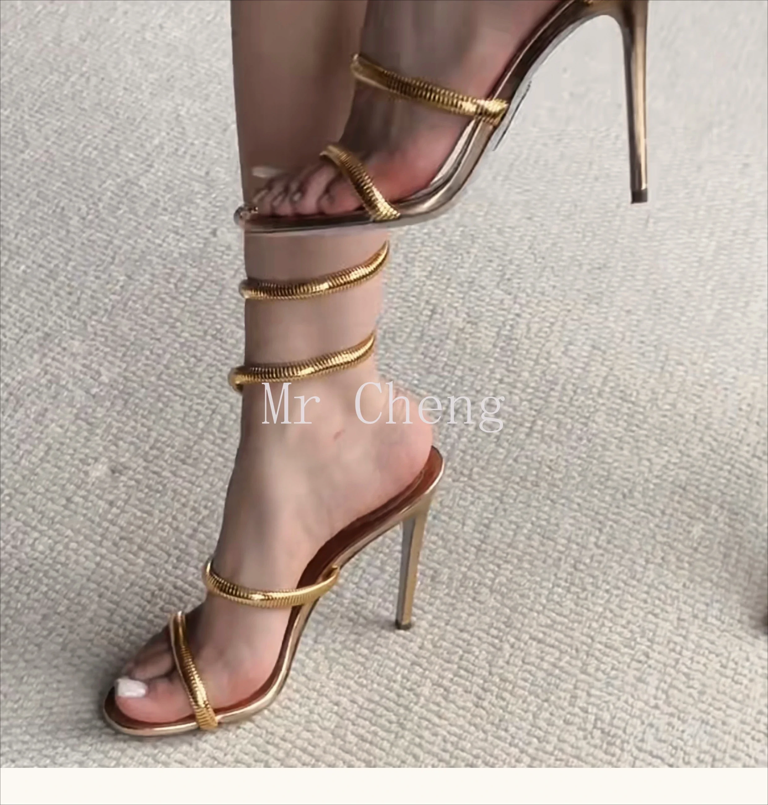 Летние модные сандалии на высоком каблуке со змеиным ремешком женские туфли