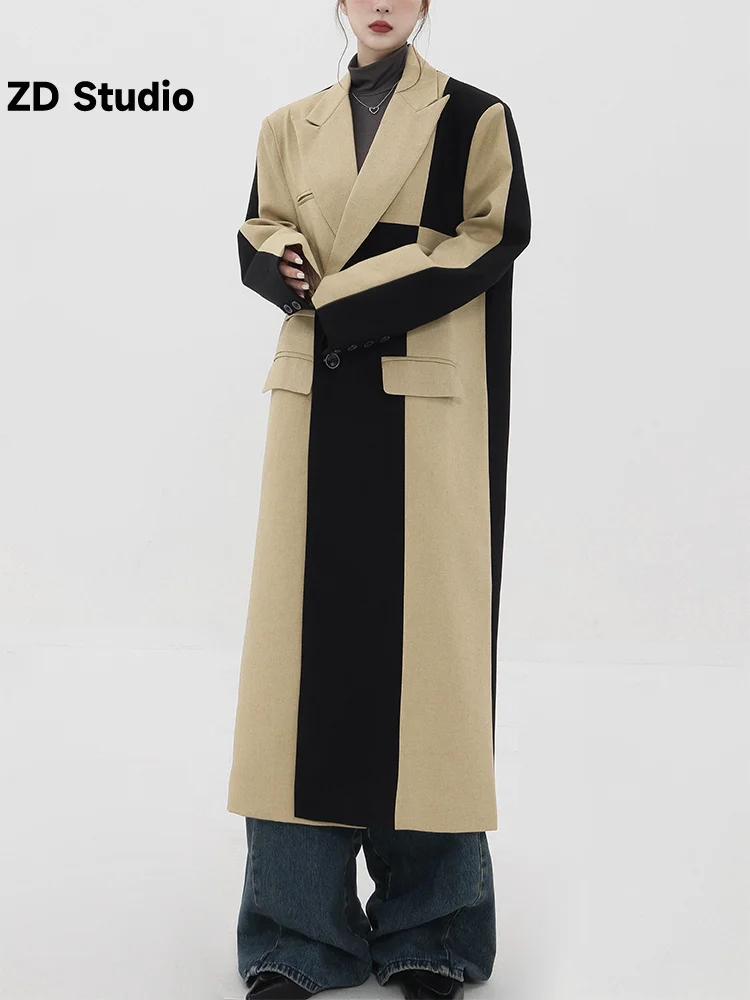 

[ZD Studio] High End Trench Coat For Women Contrast Color Patchwork Notched Long Sleeves Female Streetwear Clothing