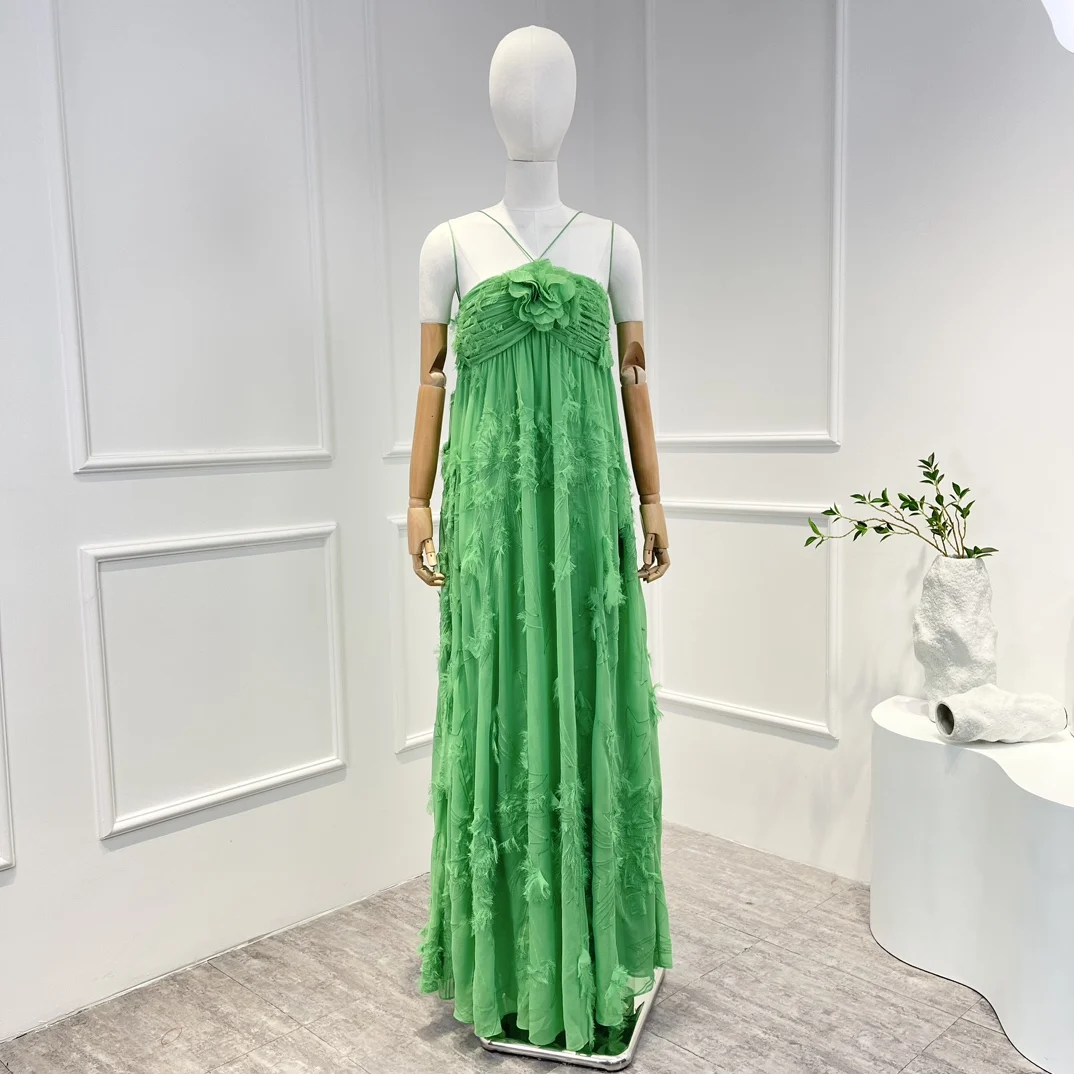 

2023 Summer Spring New Top Quality Solid Light Green Appliques Floral Decoration Front Halter Long Dresses for Holiday