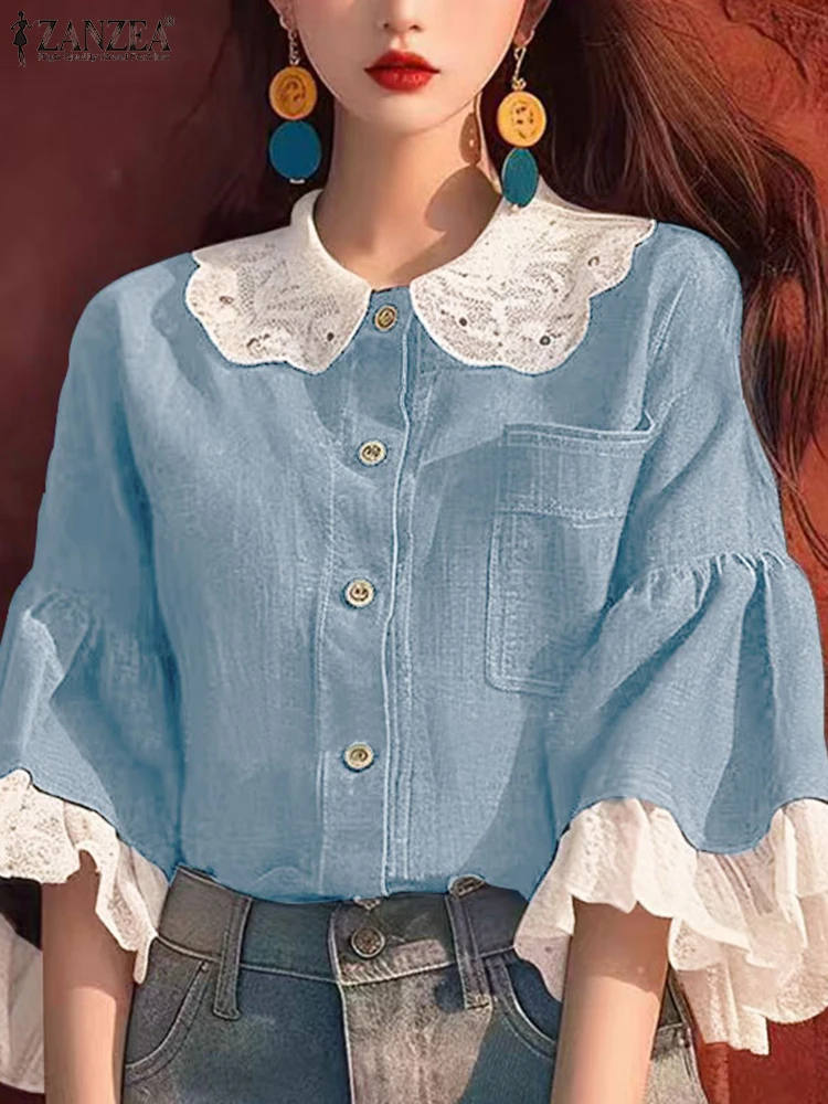 2024 женские расклешенные рубашки с рукавами 3/4 ZANZEA корейские модные однотонные