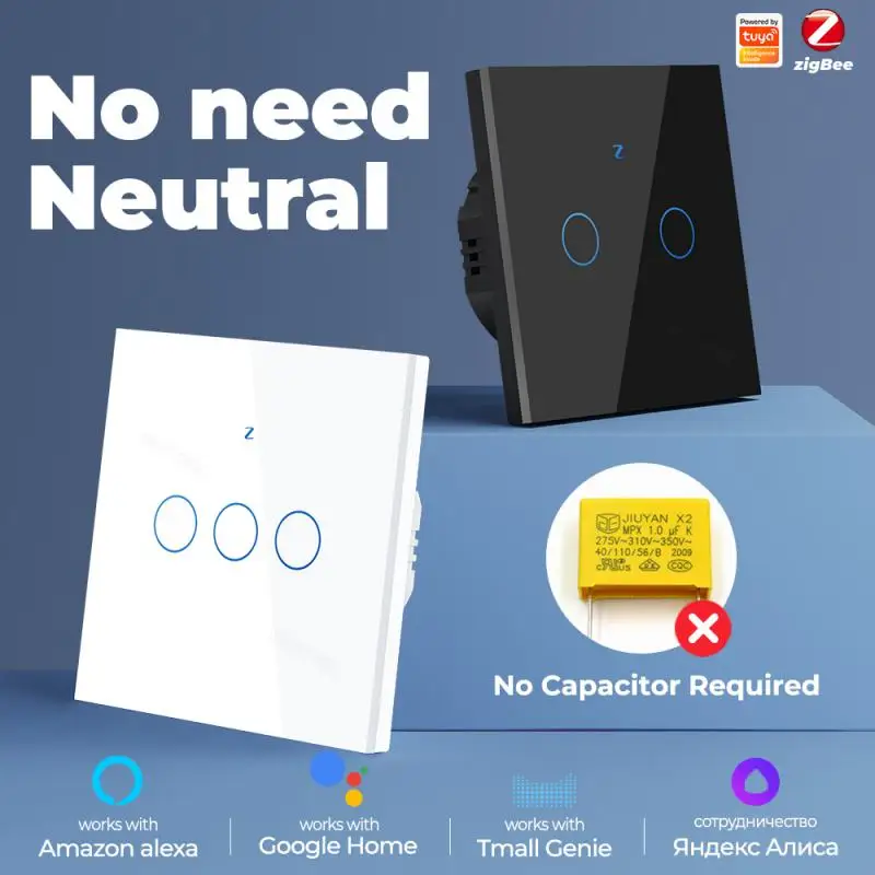 

Tuya ZigBee No Neutral Wire Required Smart Switch 1/2/3 Gang No Capacitor Required Work With Alexa Google Home Yandex