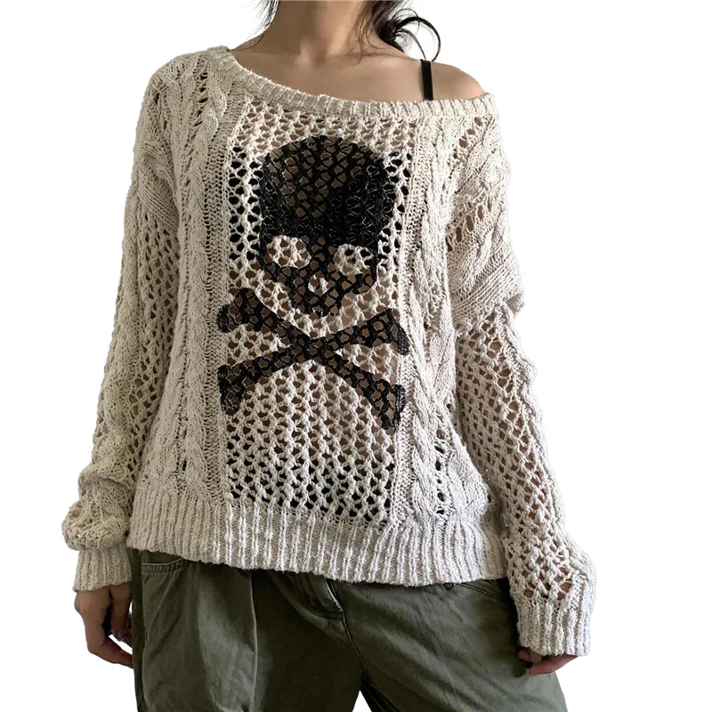 

Skull Sweater y2k Aesthetic Gothic Hollow Out Long Sleeve Tops Punk Style Crochet Pullover Knitwear Women Streetwear