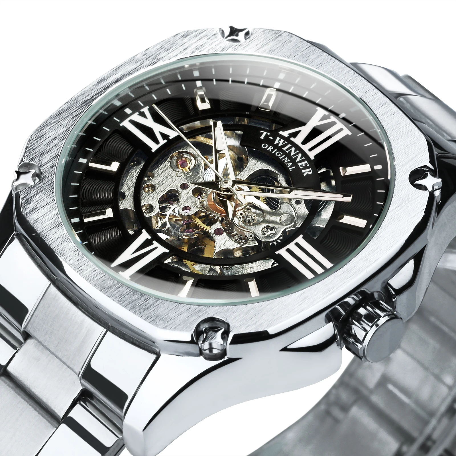 

Square Transparent Skeleton Automatic Mechanical Watch for Men Luminous Luxury Watches Silver Fashion Stainless Strap New