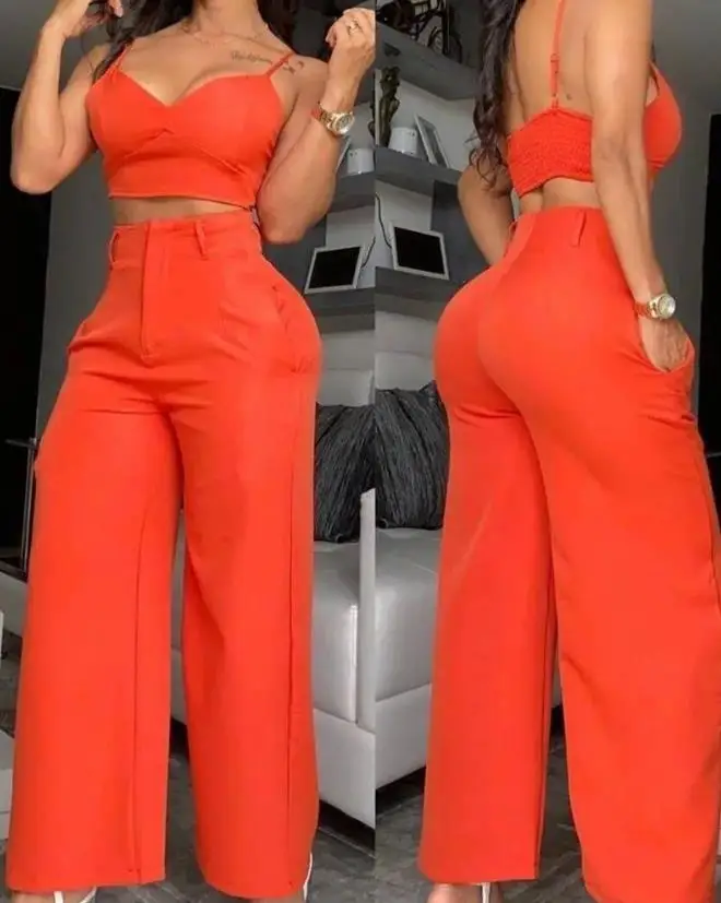 

Office Lady Tow Piece Set for Women Summer Spaghetti Strap V-Neck Crop Top & Female Loose Fashion Trousers Wide Leg Pants Set