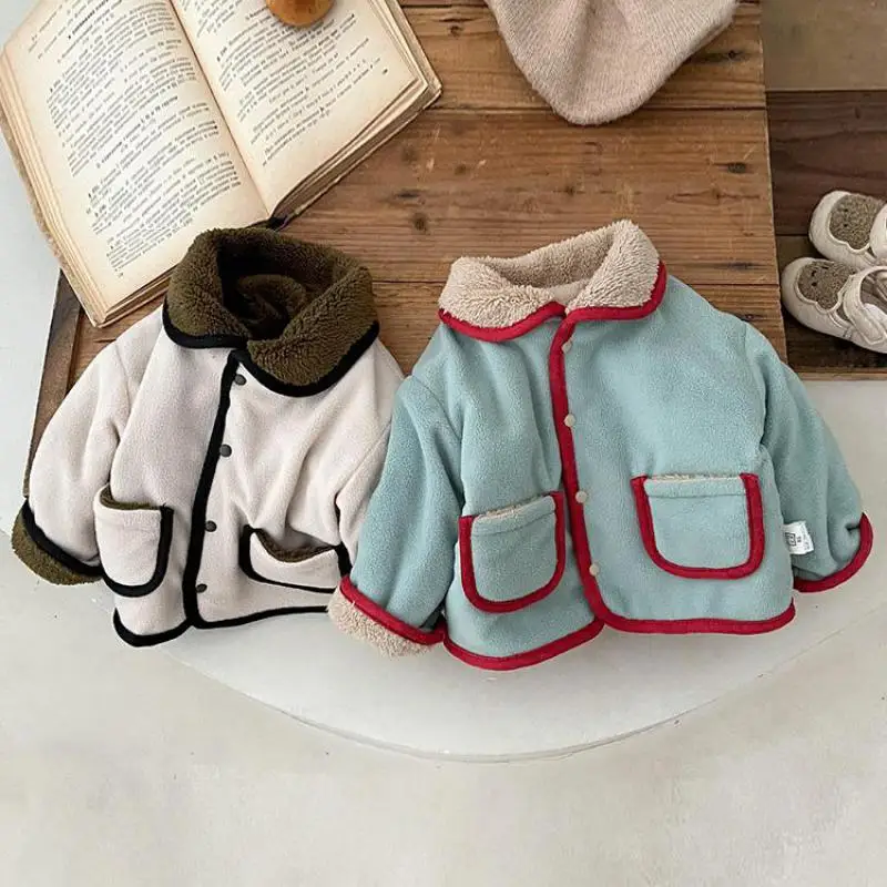 

Новинка зимы 2023, детское бархатное плотное теплое пальто с длинным рукавом, теплая плюшевая двойная детская ветрозащитная одежда для маленьких девочек