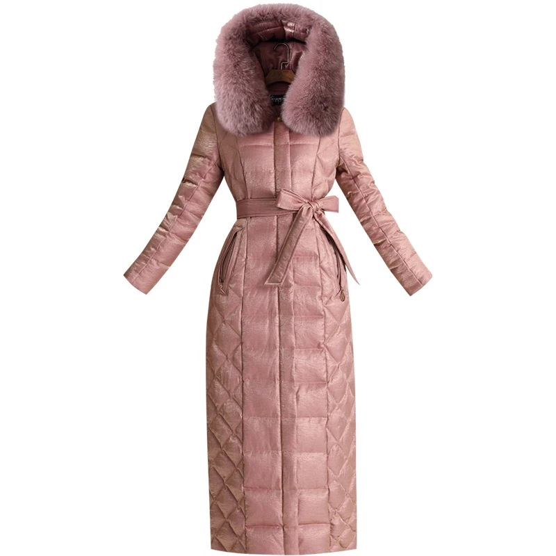 RosEvans Large Real Fur Coat New Winter Women Luxury Argyle Pearl Warm White Duck Down Jacket Puffer Fashion Female Xlong Parka