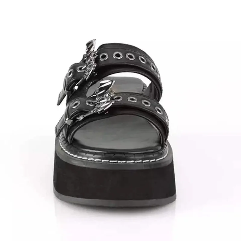 Summer 2022 Double Strap Buckes Platform Wedges Fashion Goth Slippers Hot Women's Matal Matal Sandal for Comfy Black Shoes