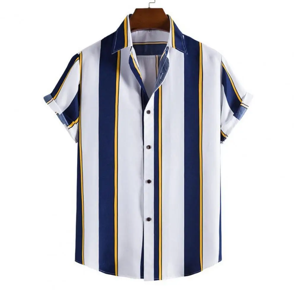 

Print Shirts Blouse Top Stripe Print Contrast Color Short Sleeve Turn-down Collar Formal Men Top Hawaiian Shirt Men Summer